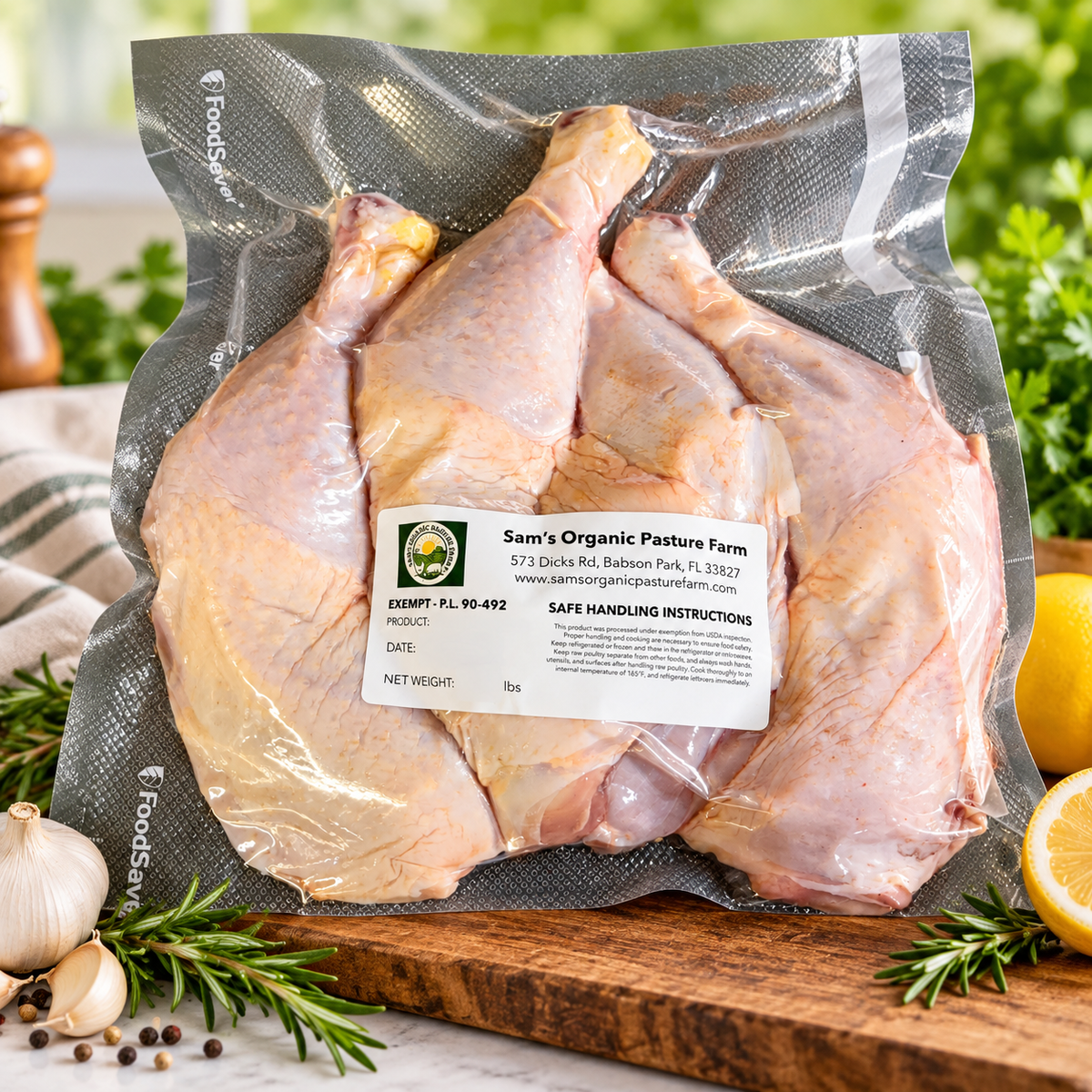 PRE-ORDER – Fresh Pasture-Raised Chicken Leg Quarters Approx. 1.7–2.3 lbs per Package, Soy-Free & Corn-Free, Pickup Starting November 10