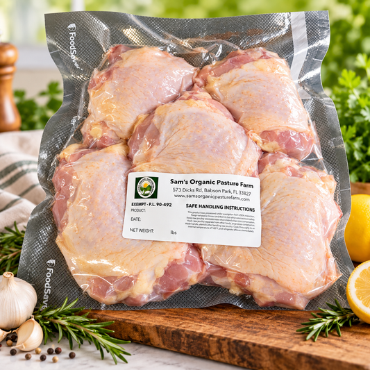 PRE-ORDER – Fresh Pasture-Raised Chicken Thighs Approx. 2.3 lbs per Package, Soy-Free & Corn-Free, Pickup Starting November 10